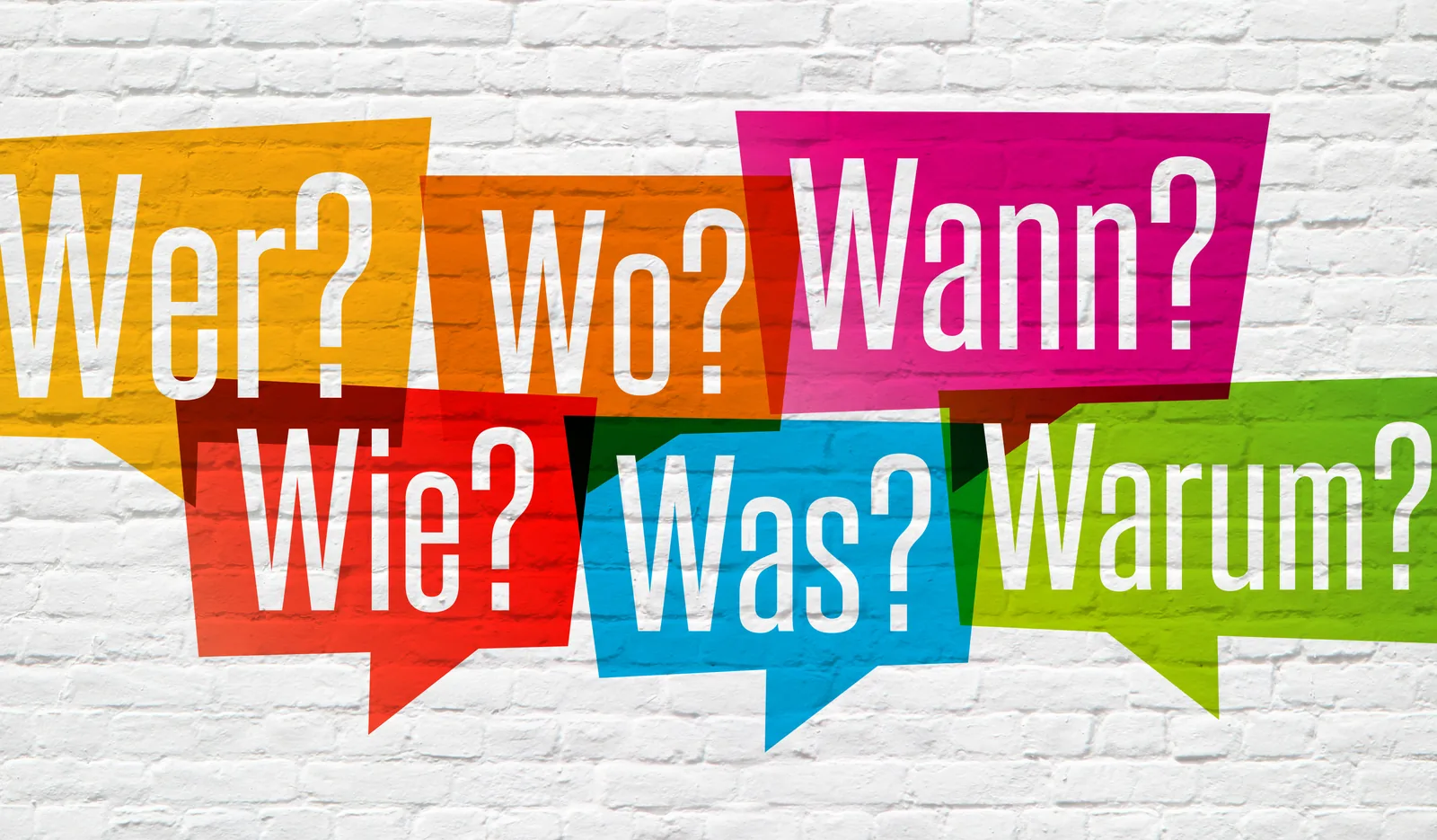 Bunte Sprechblasen mit den Fragen Wer, Wo, Wann, Wie, Was und Warum
