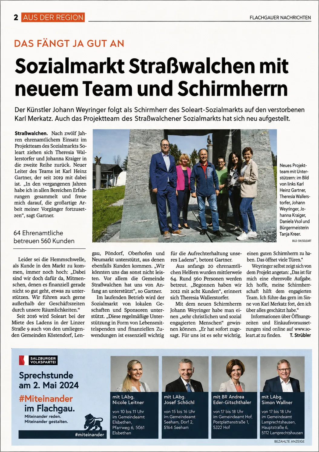 Der Bericht der Flachgauer Nachrichten über das neue Team und den neuen Schirmherrn